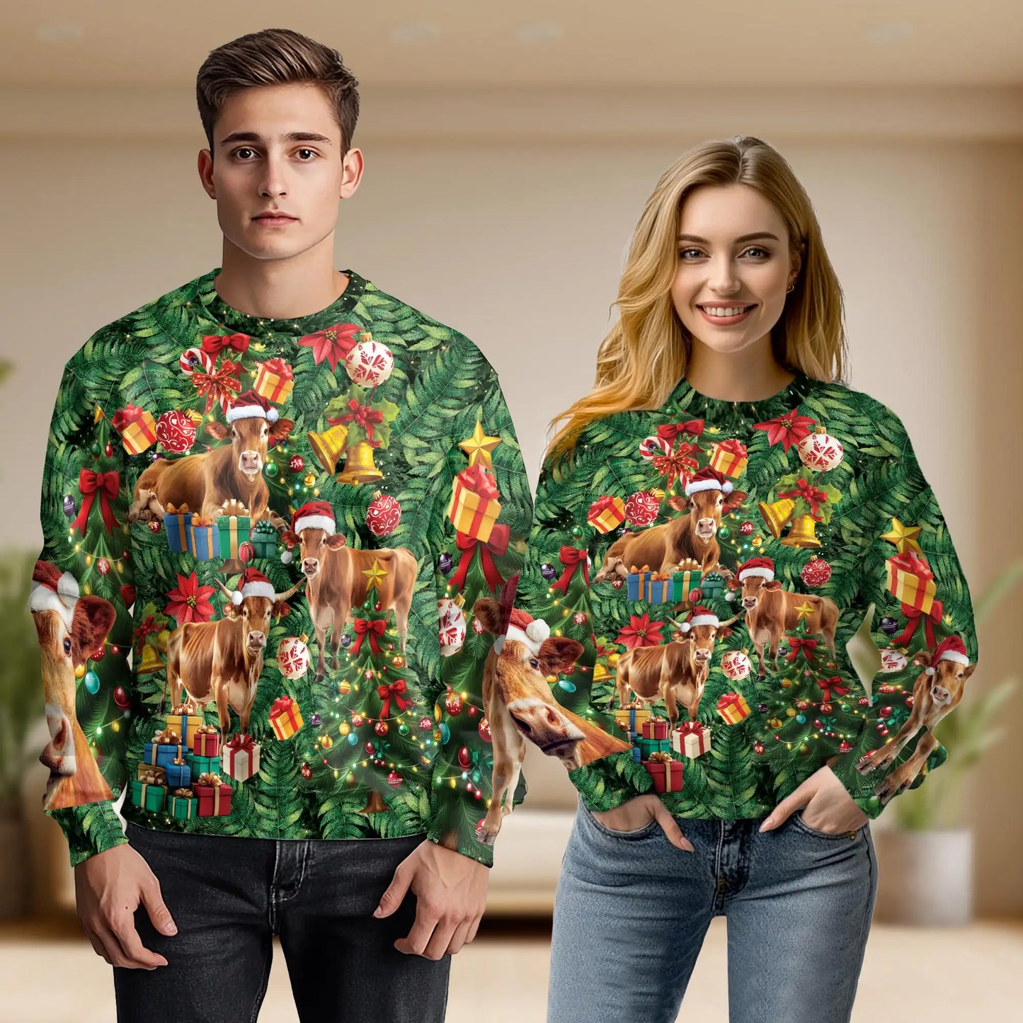 Cute Christmas Cow Sweatshirt – Christmas 3D All Over Print Design