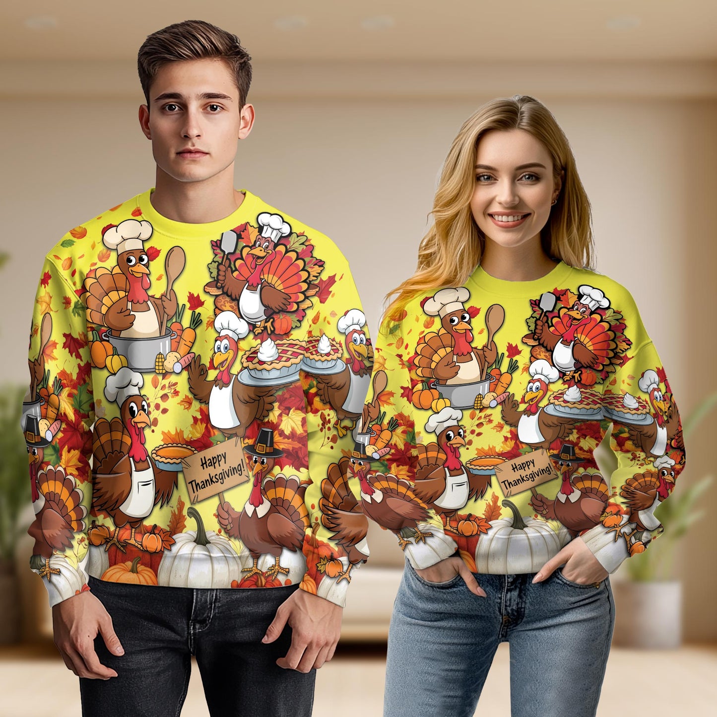 Thanksgiving Turkey Chef Unisex Sweatshirt – Colorful Graphic 3D All Over Print Design