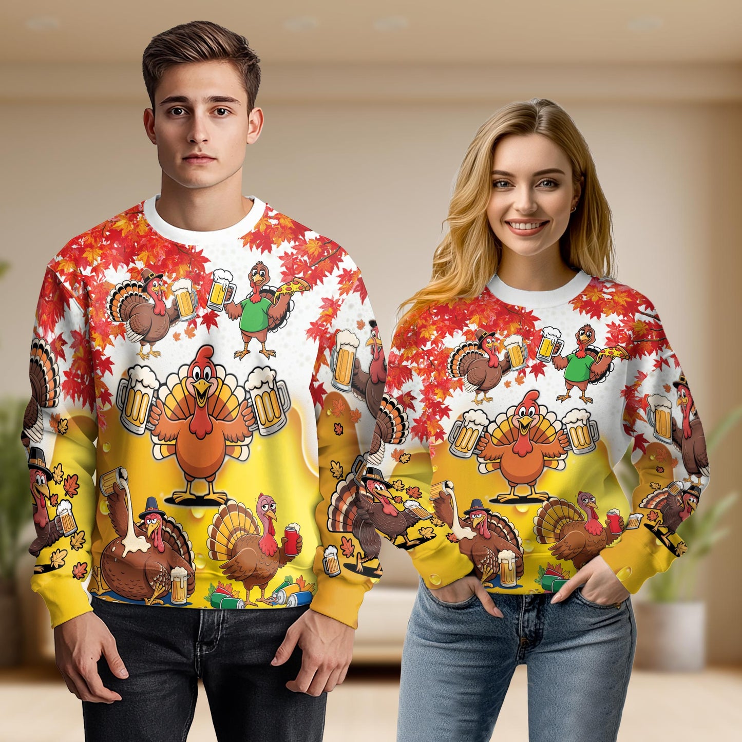 Funny Thanksgiving Turkey Beer Unisex Sweatshirt – Colorful Graphic 3D All Over Print Design