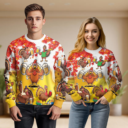 Funny Thanksgiving Turkey Beer Unisex Sweatshirt – Colorful Graphic 3D All Over Print Design