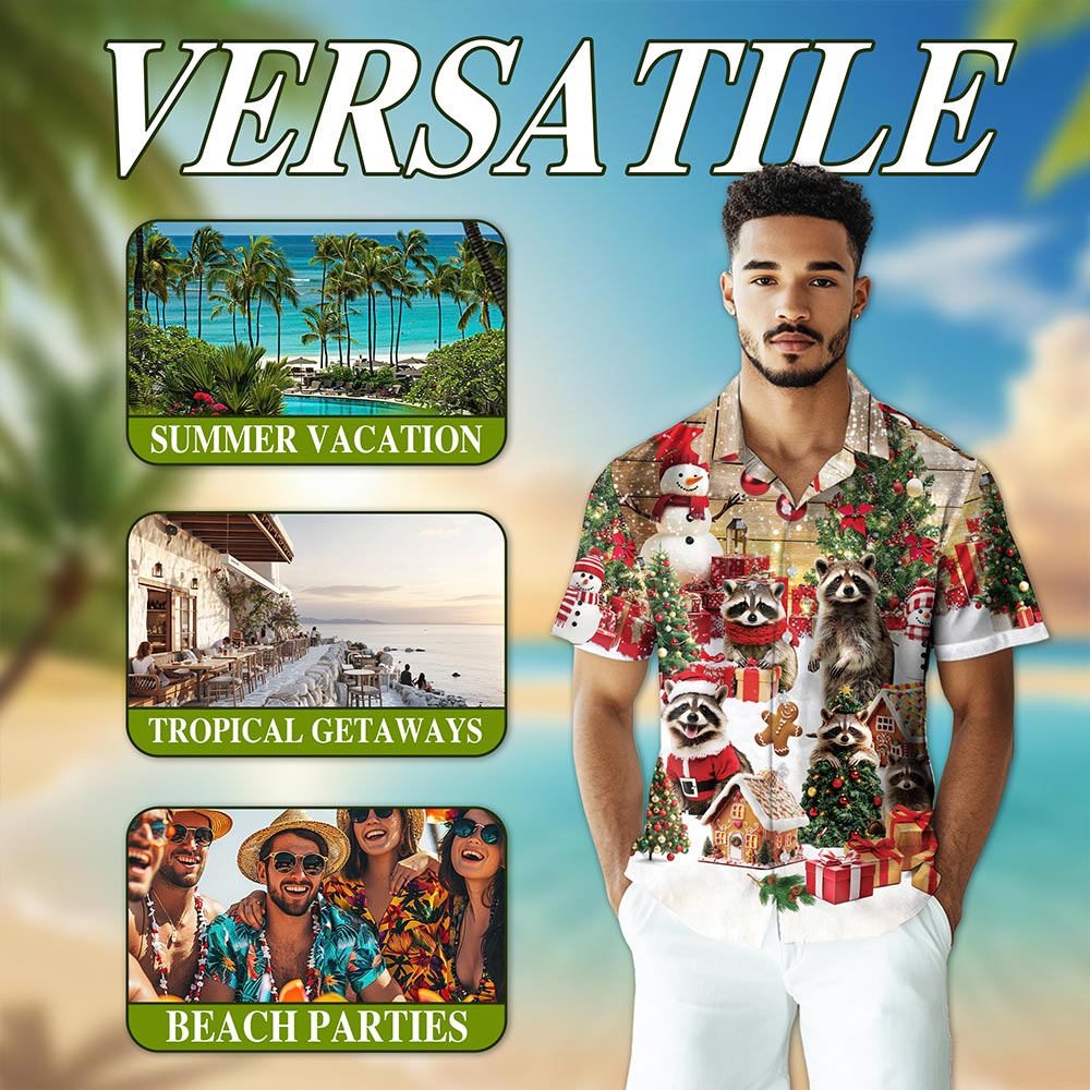 Christmas Raccoon Hawaiian Shirt for Men, Button Down Aloha Shirt - Azhawaiian