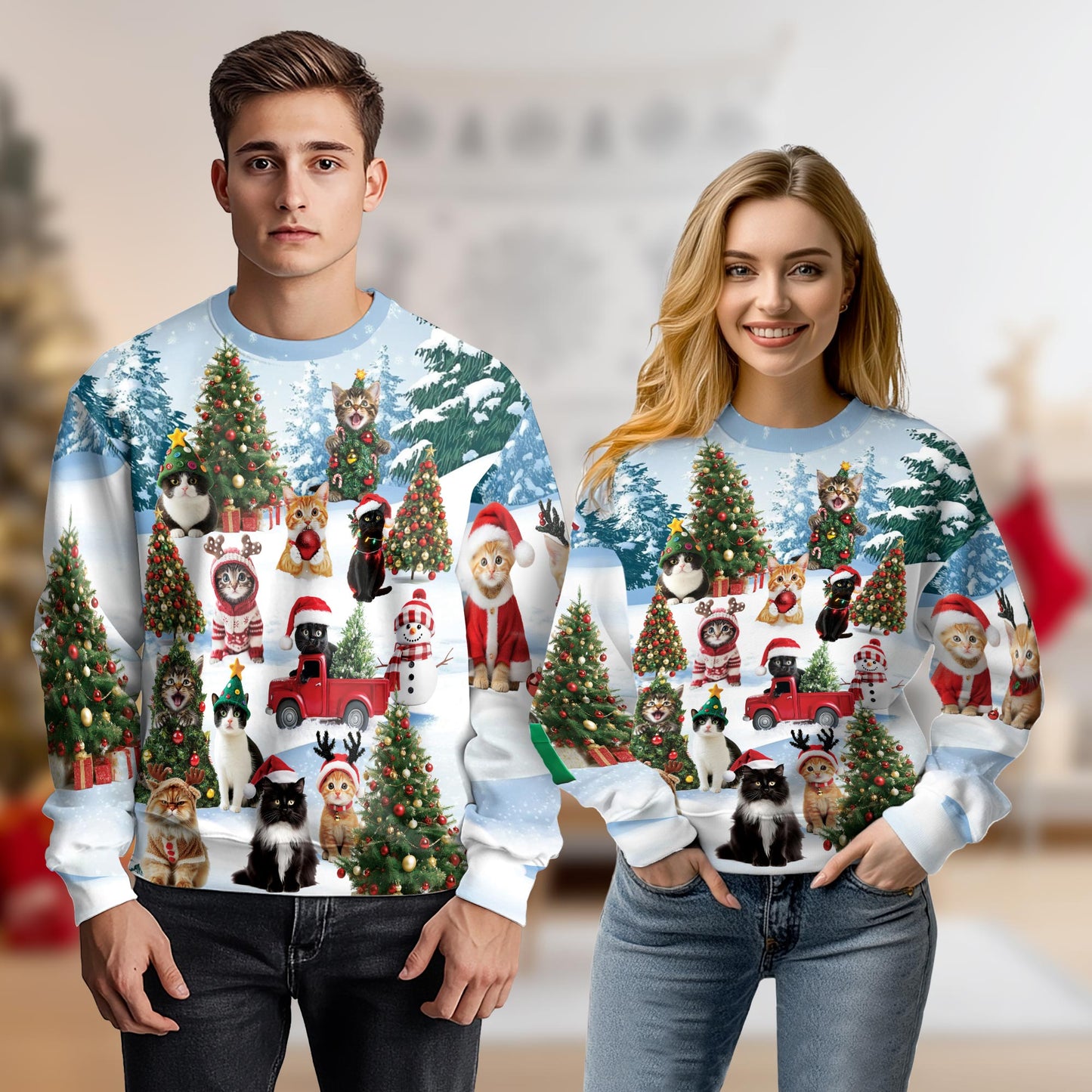 Cute Christmas Cat in Snow Sweatshirt – Christmas 3D All Over Print Design