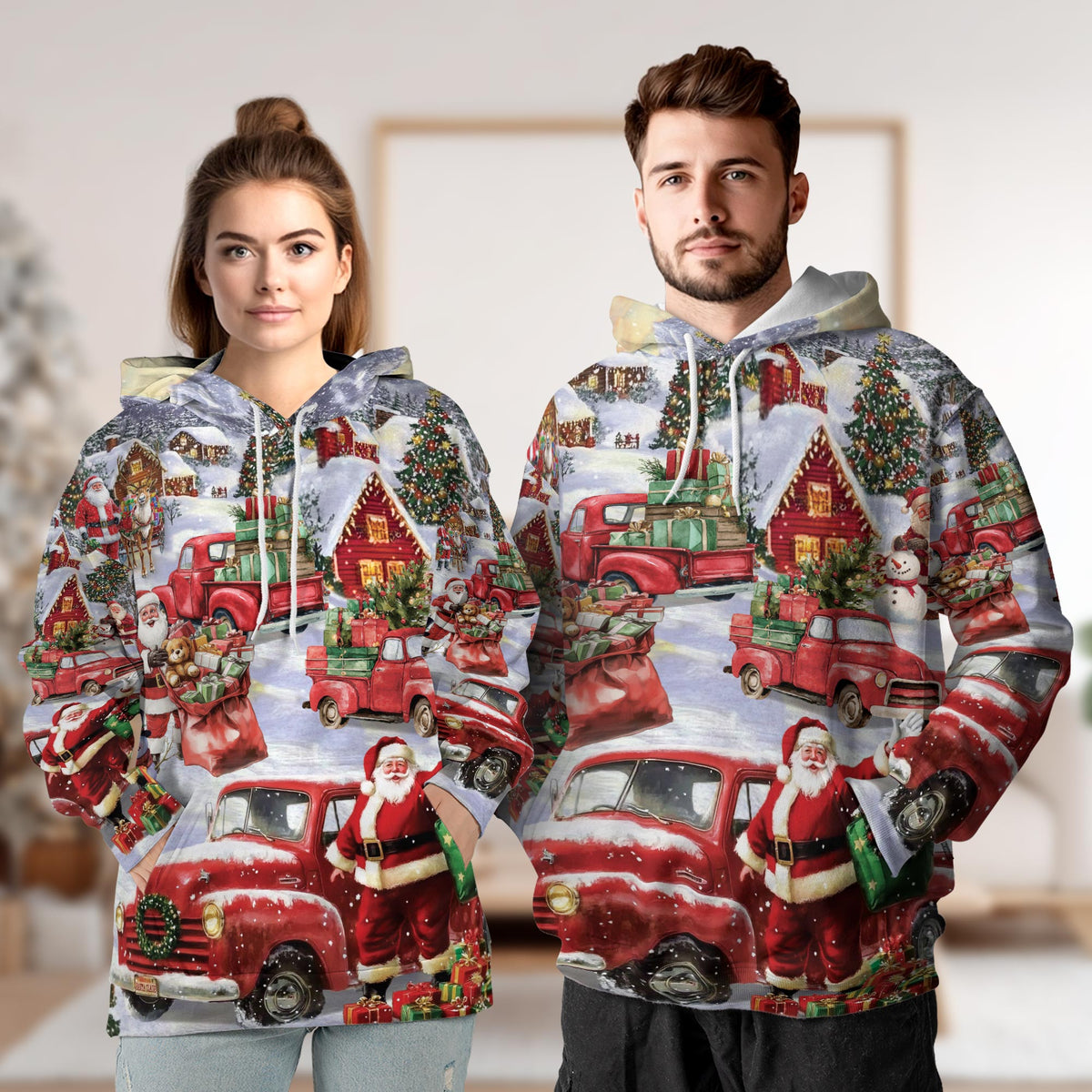 Christmas Red Truck All Over Print Hoodie, Santa Claus Snow Graphic Design