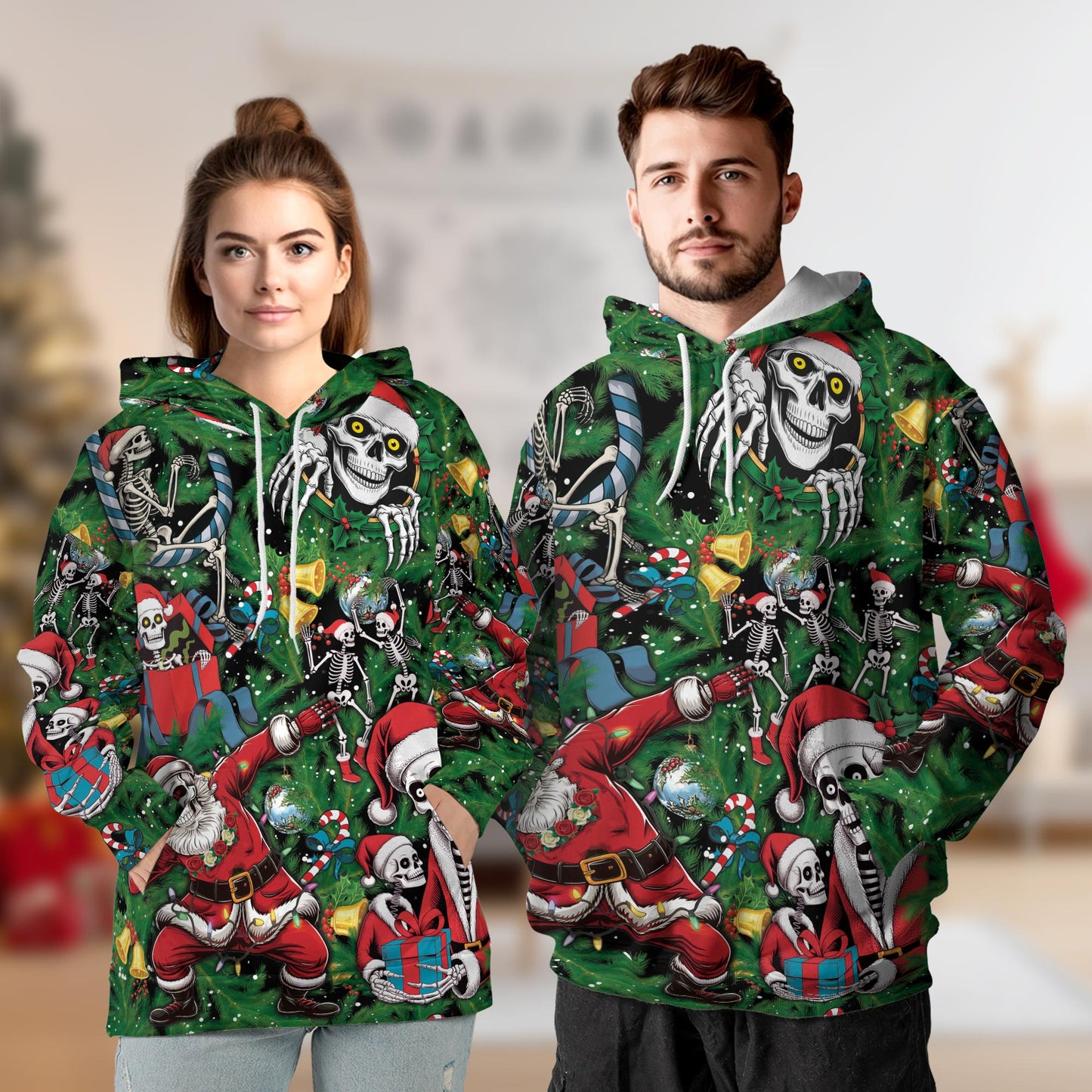 Skeleton Santa Claus Christmas All Over Print Hoodie, Funny Skull Graphic Design