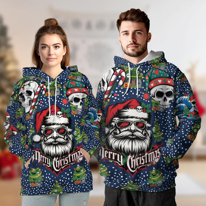Santa Skull Christmas All Over Print Hoodie, Graphic Design Gothic Skeleton Santa