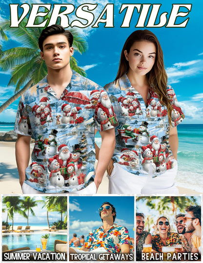 Snowman and Santa Claus Christmas Hawaiian Shirt for Men, Button Down Aloha Shirt - Azhawaiian
