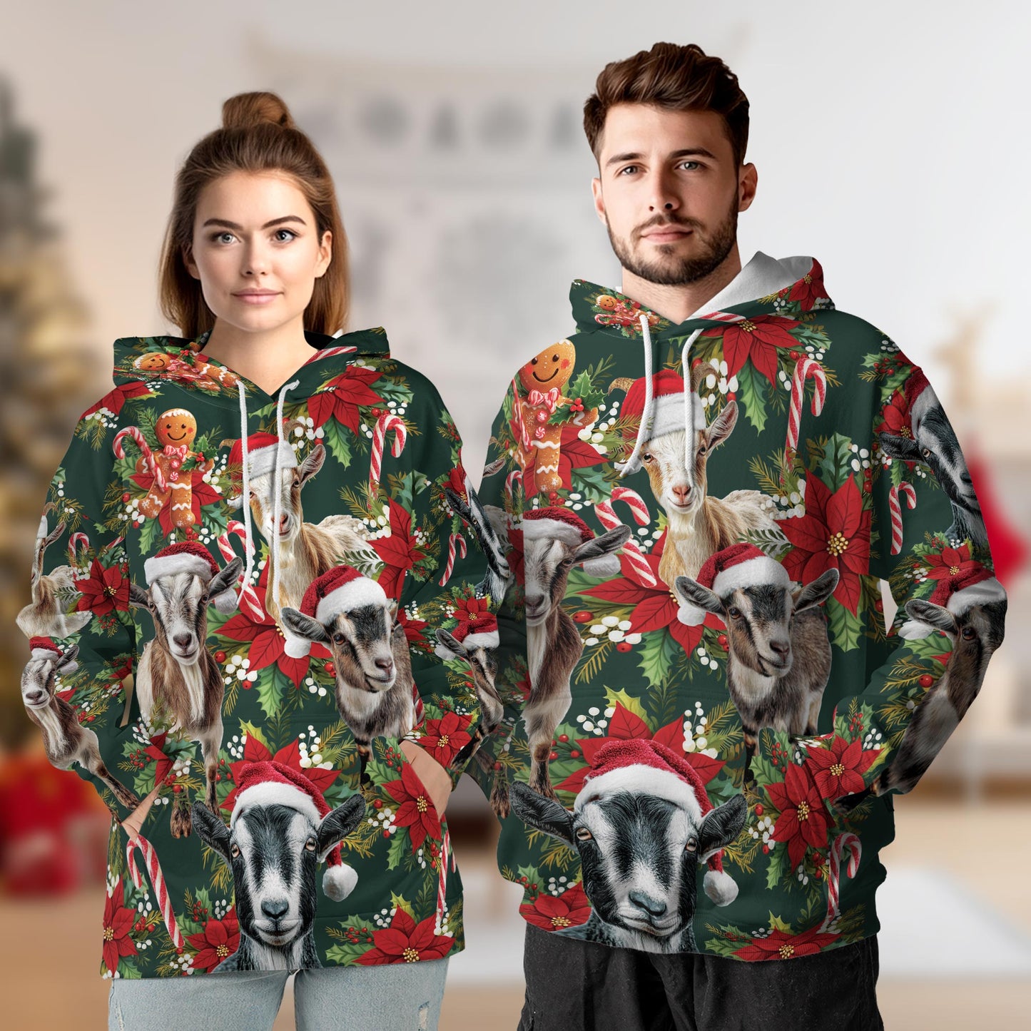 Funny Goat Christmas All Over Print Hoodie, Farm Animal Holiday Graphic Design