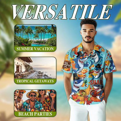 Shark Thanksgiving Hawaiian Shirt for Men, Button Down Aloha Shirt - Azhawaiian