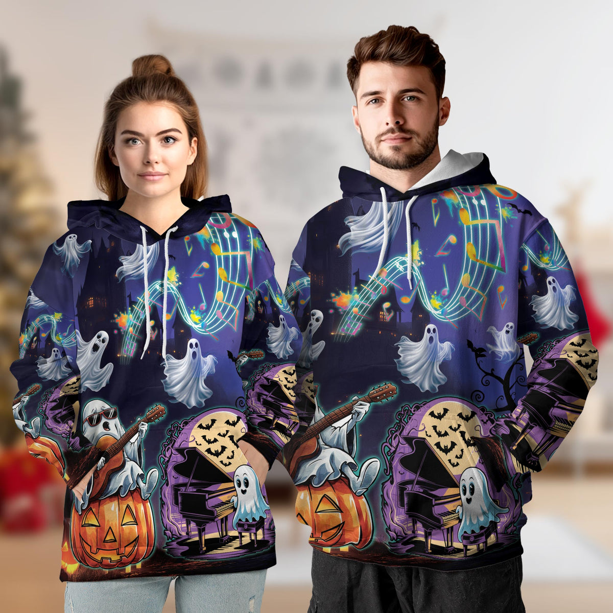 Music Night Halloween All Over Print Hoodie, Graphic Design Pumpkin Ghost