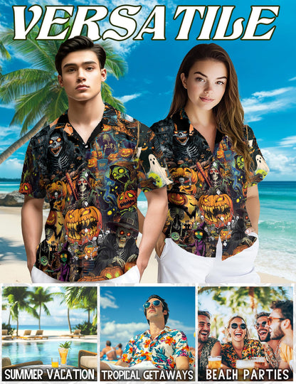 Spooky Skeleton Halloween Hawaiian Shirt for Men, Button Down Aloha Shirt - Azhawaiian