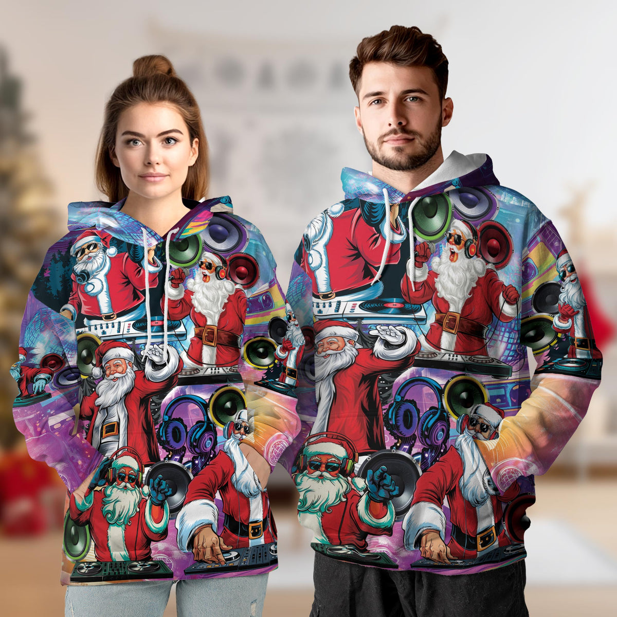 DJ Santa Claus Christmas All Over Print Hoodie, Music Party Graphic Design