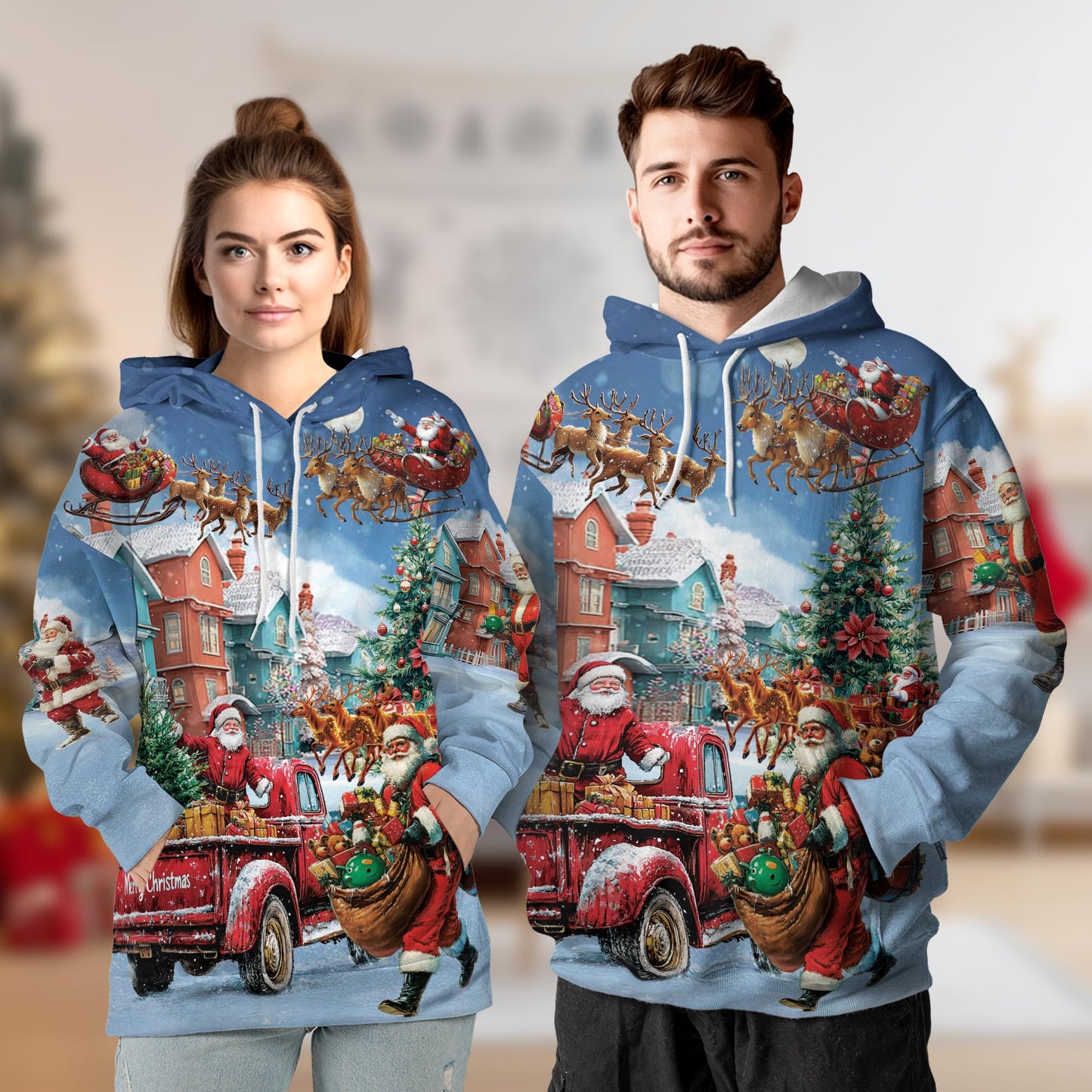 Santa Claus Christmas All Over Print Hoodie, Graphic Design Funny Holiday