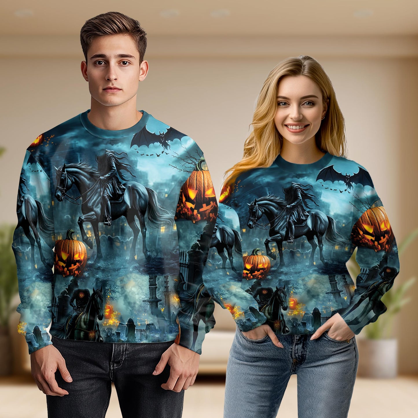 Halloween Rider on Horse Unisex Sweatshirt – Colorful Graphic 3D All Over Print Design