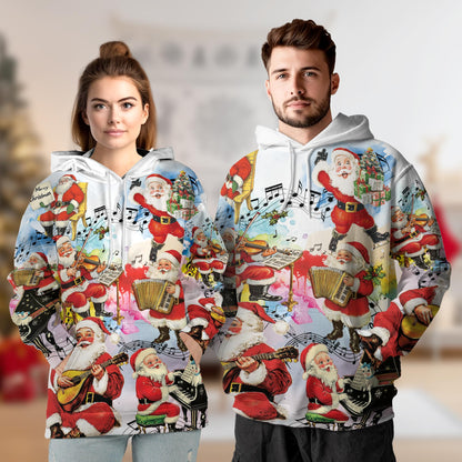 Musical Santa Claus Christmas All Over Print Hoodie, Funny Holiday Graphic Design