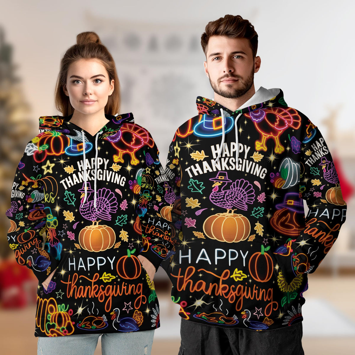 Neon Thanksgiving All Over Print Hoodie, Happy Turkey Day Graphic Design