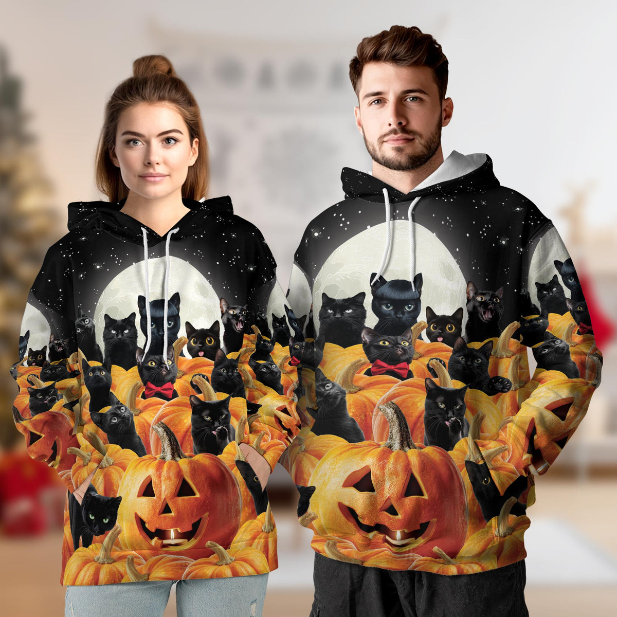 Cute Black Cat Pumpkin Halloween All Over Print Hoodie, Graphic Design Animal