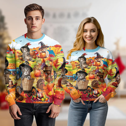 Thanksgiving Cat Autumn Sweatshirt – Colorful Graphic 3D All Over Print Design