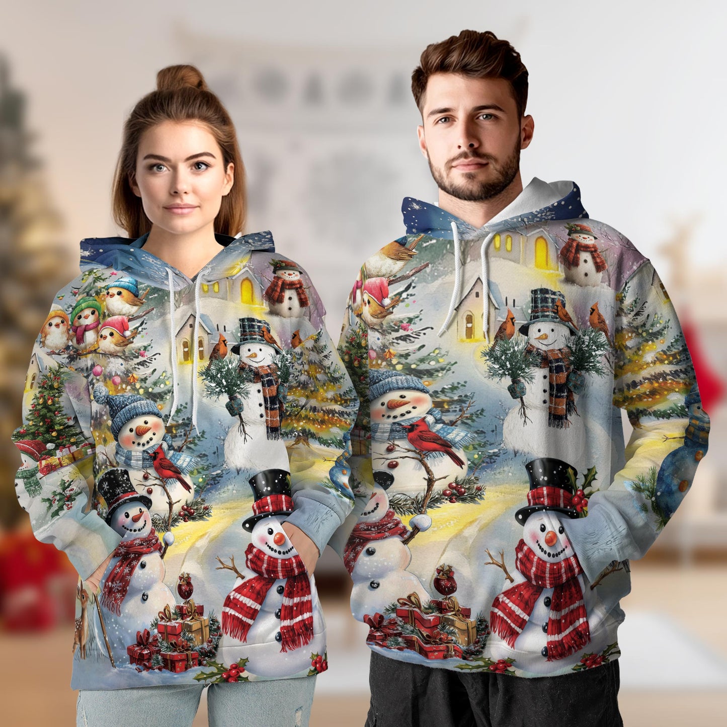 Snowman Christmas All Over Print Hoodie, Graphic Design Winter Snow Tree