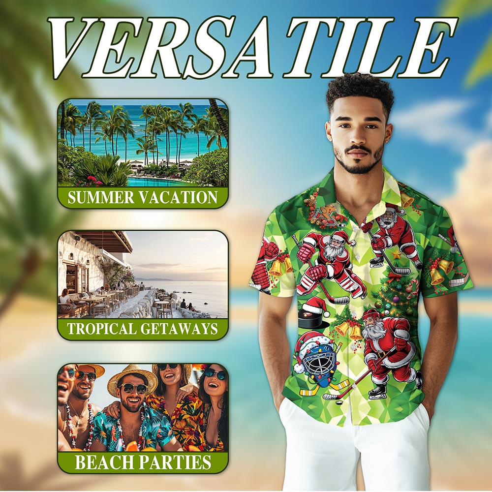 Santa Claus Ice Hockey Christmas Hawaiian Shirt for Men, Button Down Aloha Shirt - Azhawaiian