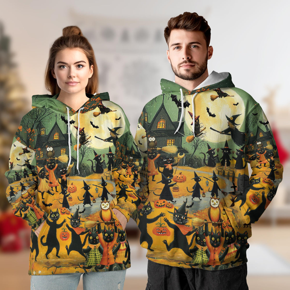 Black Cat Halloween All Over Print Hoodie, Graphic Design Animal Pumpkin