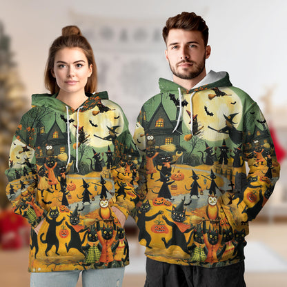 Black Cat Halloween All Over Print Hoodie, Graphic Design Animal Pumpkin
