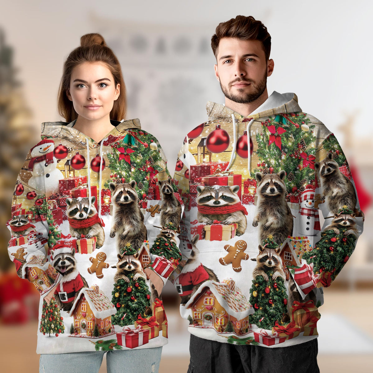 Christmas Raccoon All Over Print Hoodie, Cute Animal Holiday Graphic Design