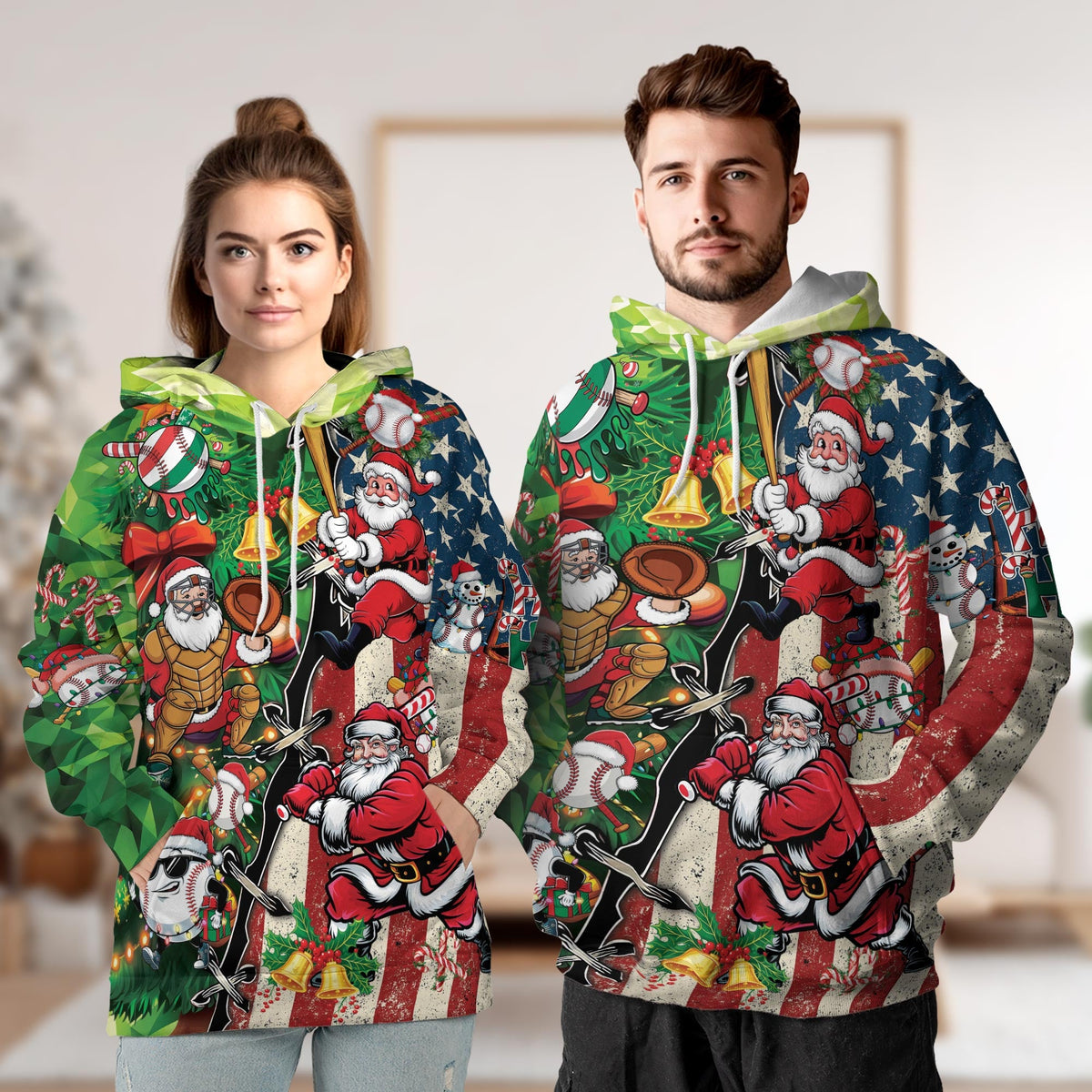 Baseball Santa USA Flag Christmas All Over Print Hoodie