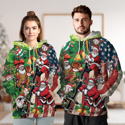 Baseball Santa USA Flag Christmas All Over Print Hoodie