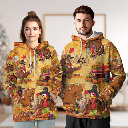 Funny Thanksgiving Turkey All Over Print Hoodie, Eat Beef Graphic Design