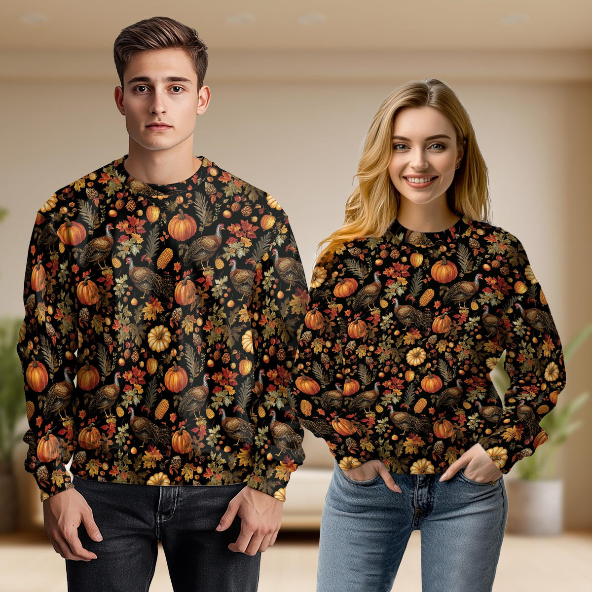 Thanksgiving Turkey Pumpkin Unisex Sweatshirt – Colorful Graphic 3D All Over Print Design