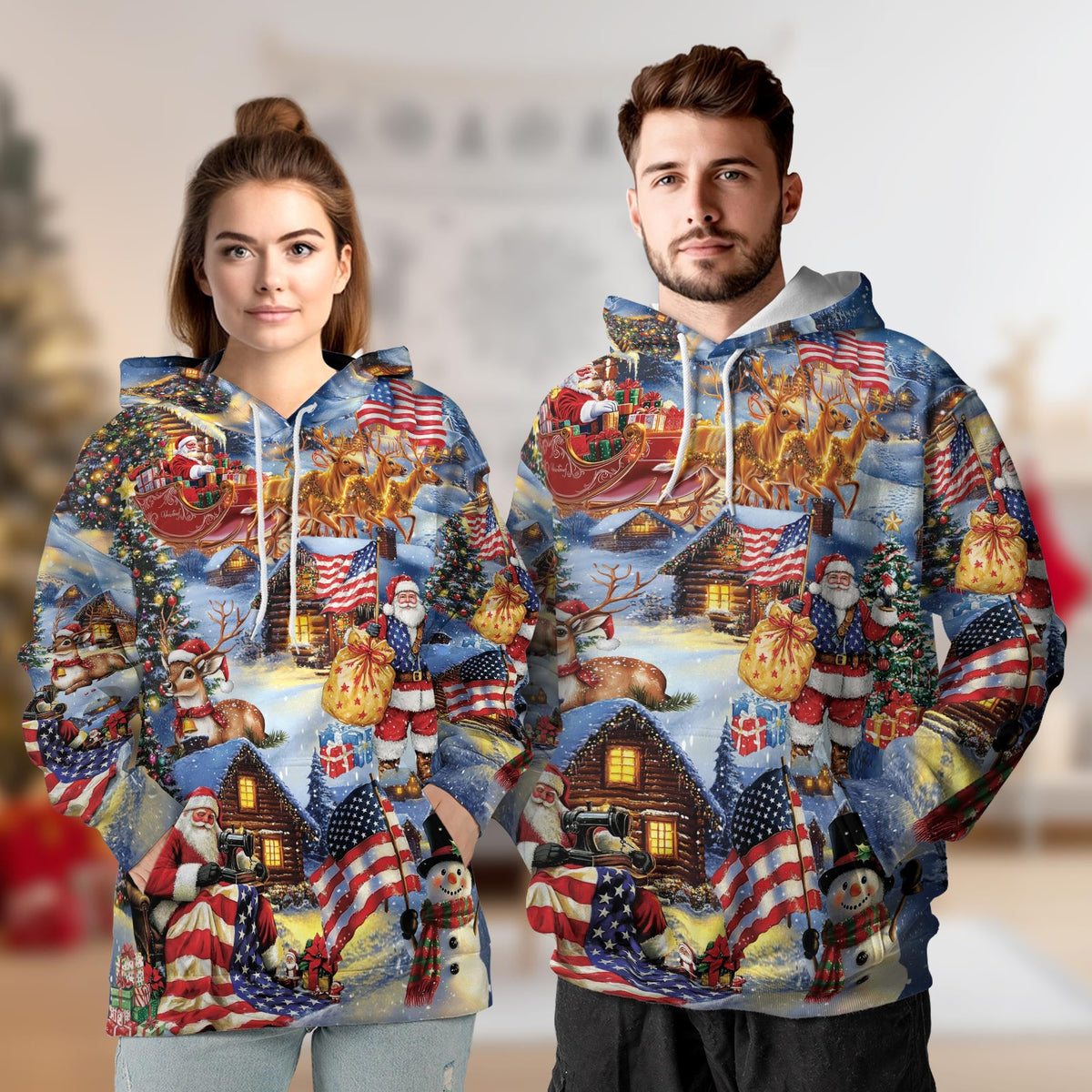 Patriotic Santa Claus All Over Print Hoodie, USA Flag Holiday Graphic Design