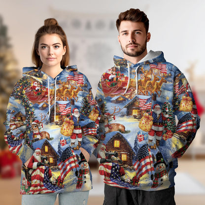 Patriotic Santa Claus All Over Print Hoodie, USA Flag Holiday Graphic Design