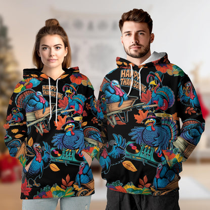 Happy Turkey Day All Over Print Hoodie, Thanksgiving Turkey Music Graphic Design