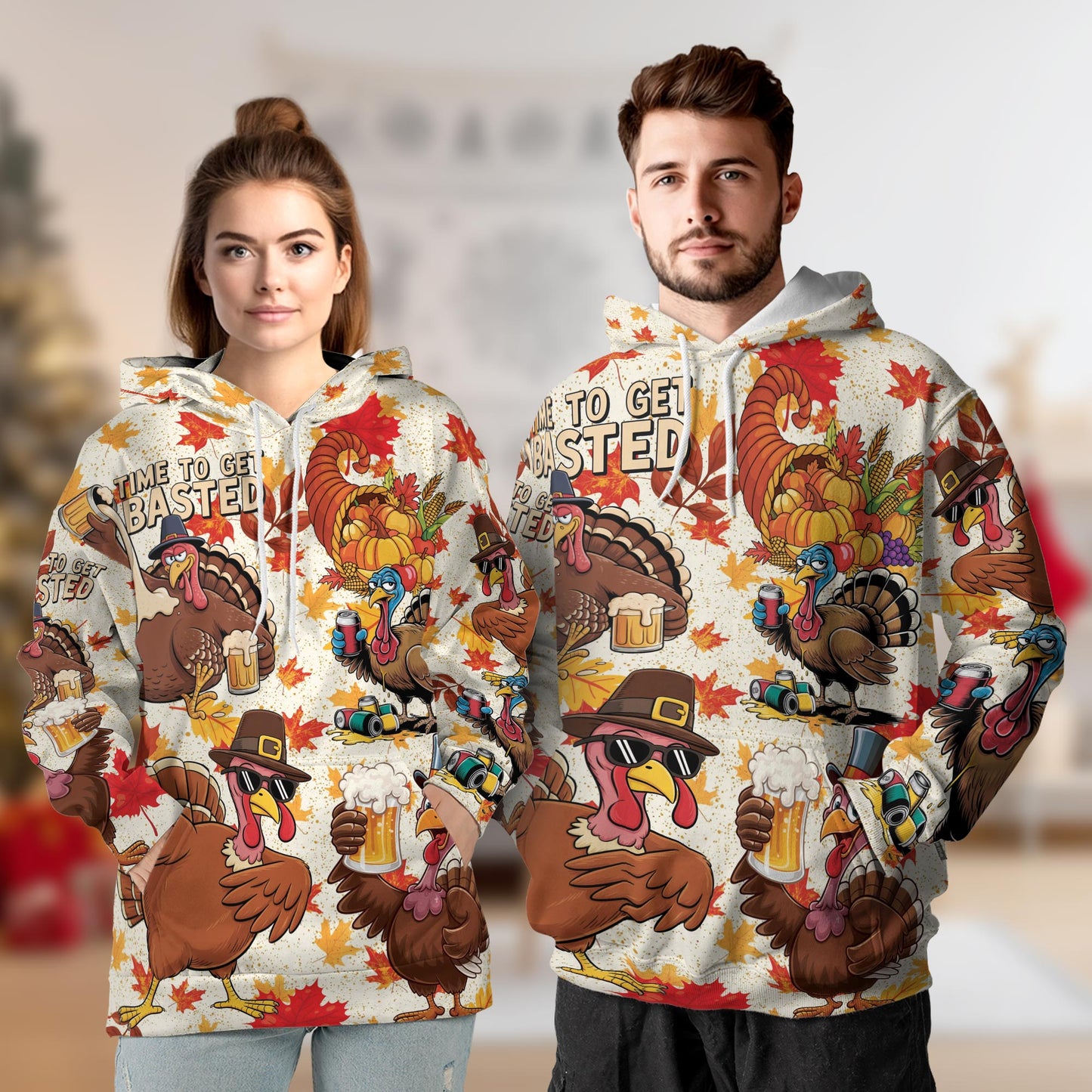 Turkey Day Thanksgiving All Over Print Hoodie, Turkey Drink Beer Graphic Design