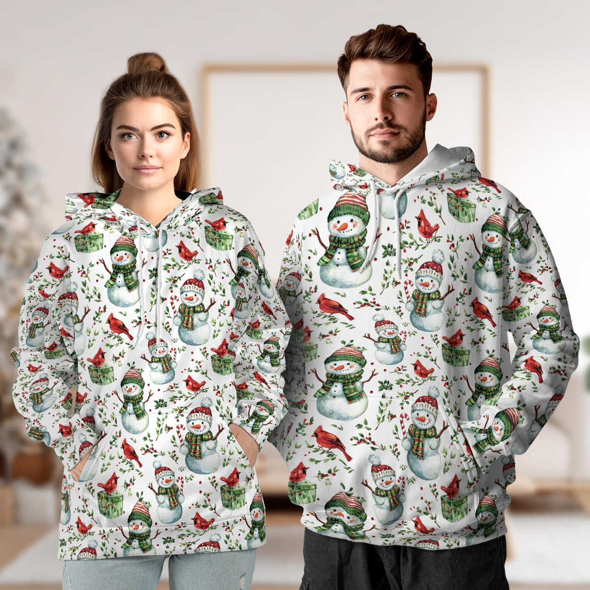 Snowman and Red Cardinal Christmas All Over Print Hoodie