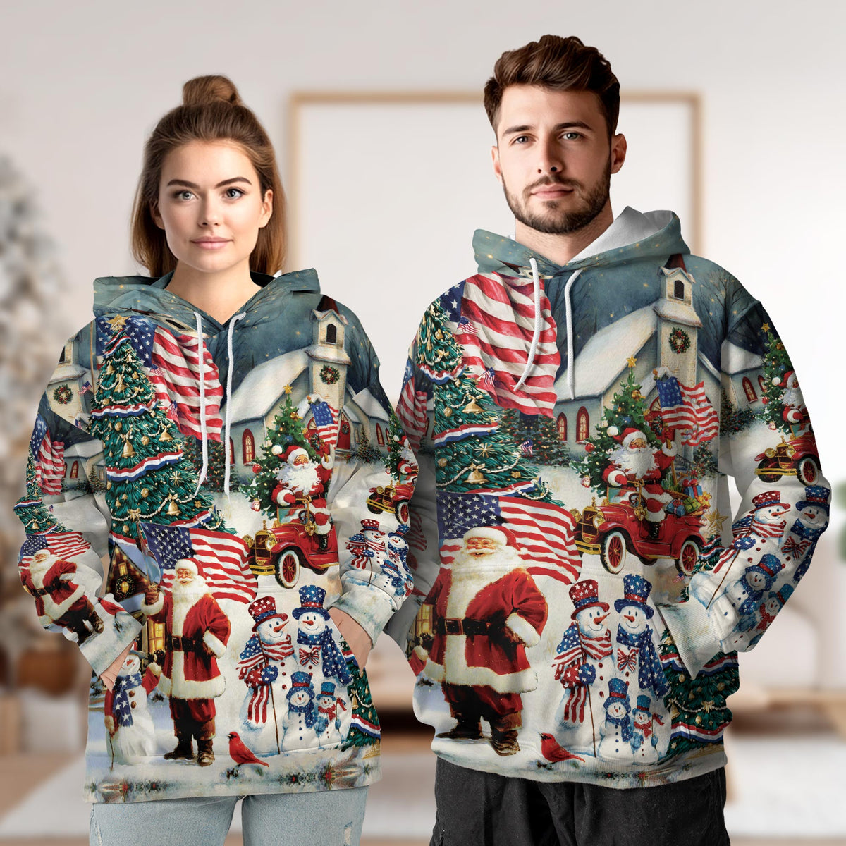 American Flag Santa Christmas All Over Print Hoodie, Patriotic Graphic Design