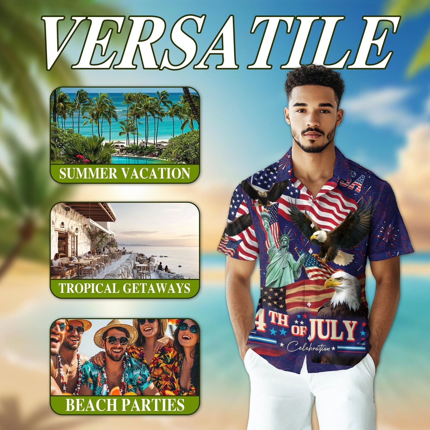 4th of July Independence Day Hawaiian Shirt for Men, Button Down Aloha Shirt - Azhawaiian