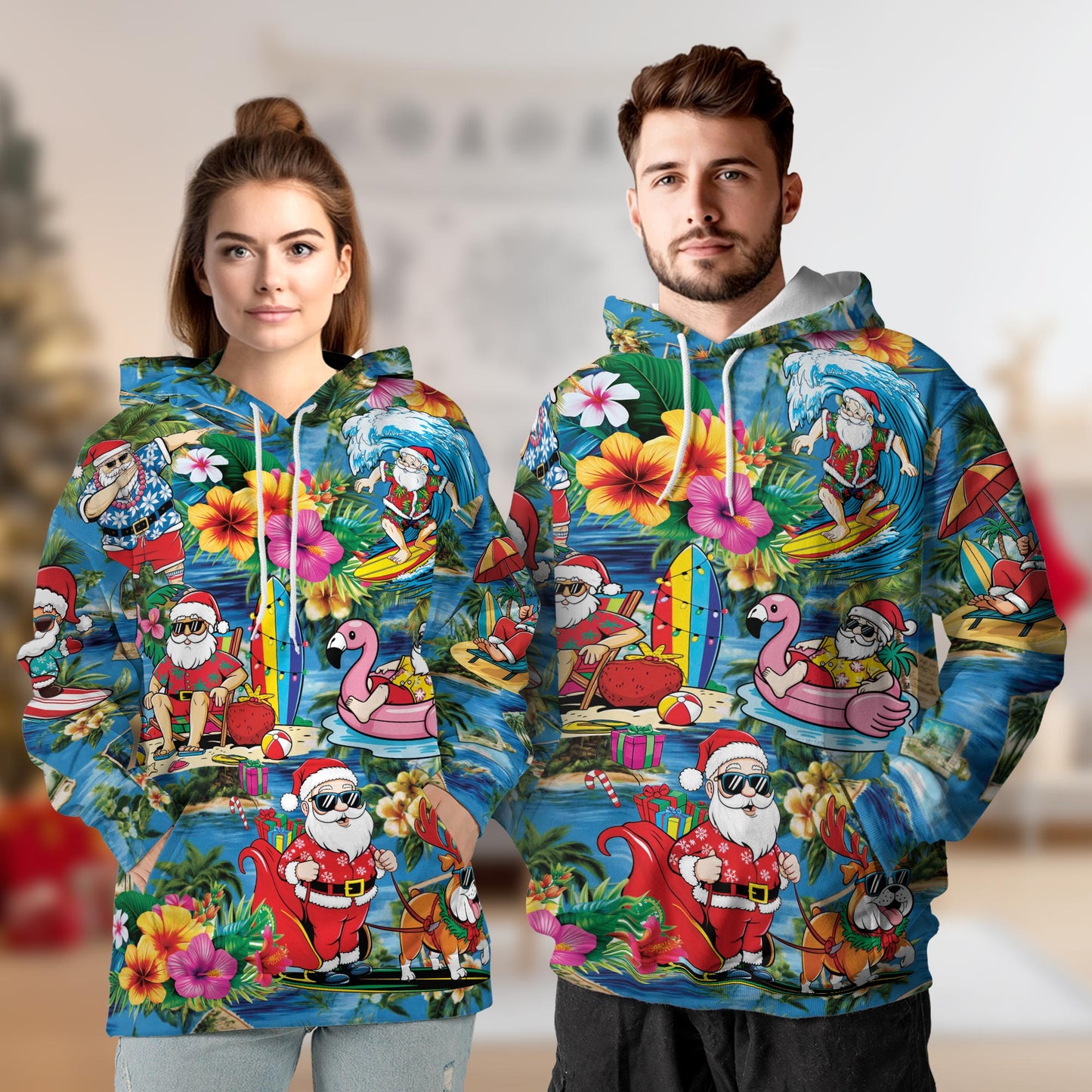 Christmas Santa Claus On The Beach All Over Print Hoodie, Graphic Design