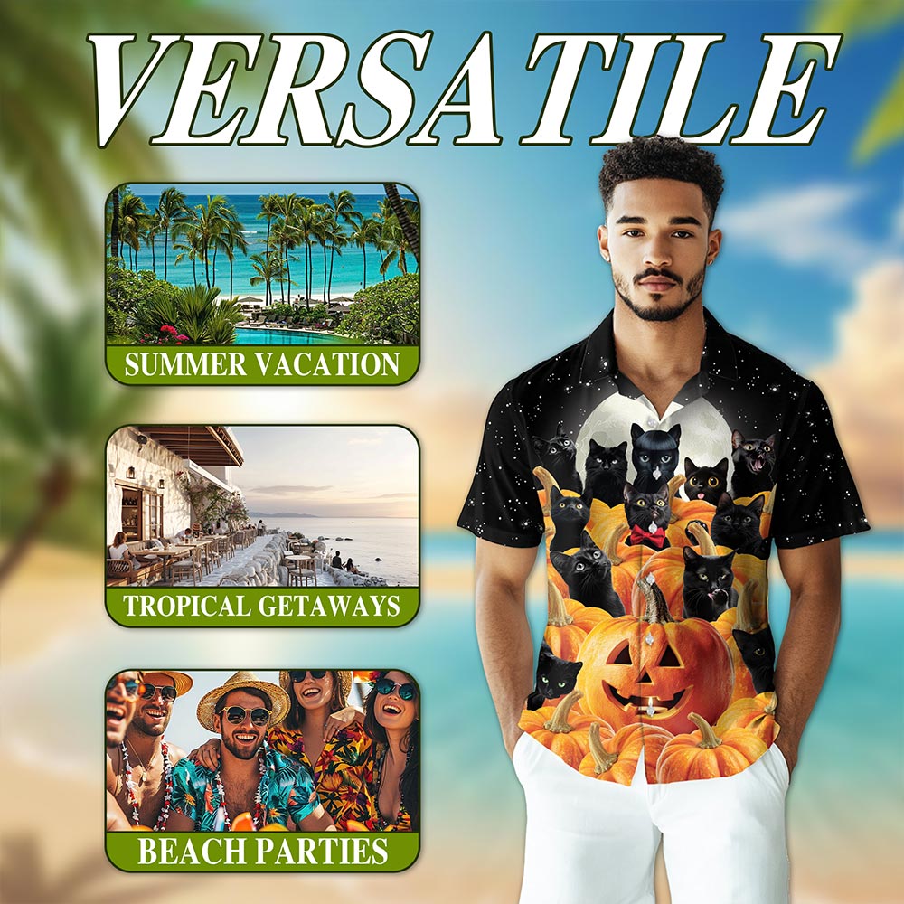 Cute Black Cat Pumpkin Hawaiian Shirt for Men, Button Down Aloha Shirt - Azhawaiian