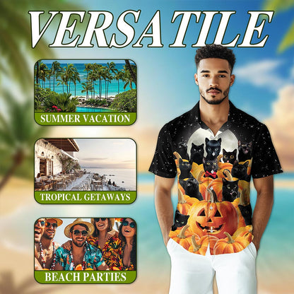 Cute Black Cat Pumpkin Hawaiian Shirt for Men, Button Down Aloha Shirt - Azhawaiian