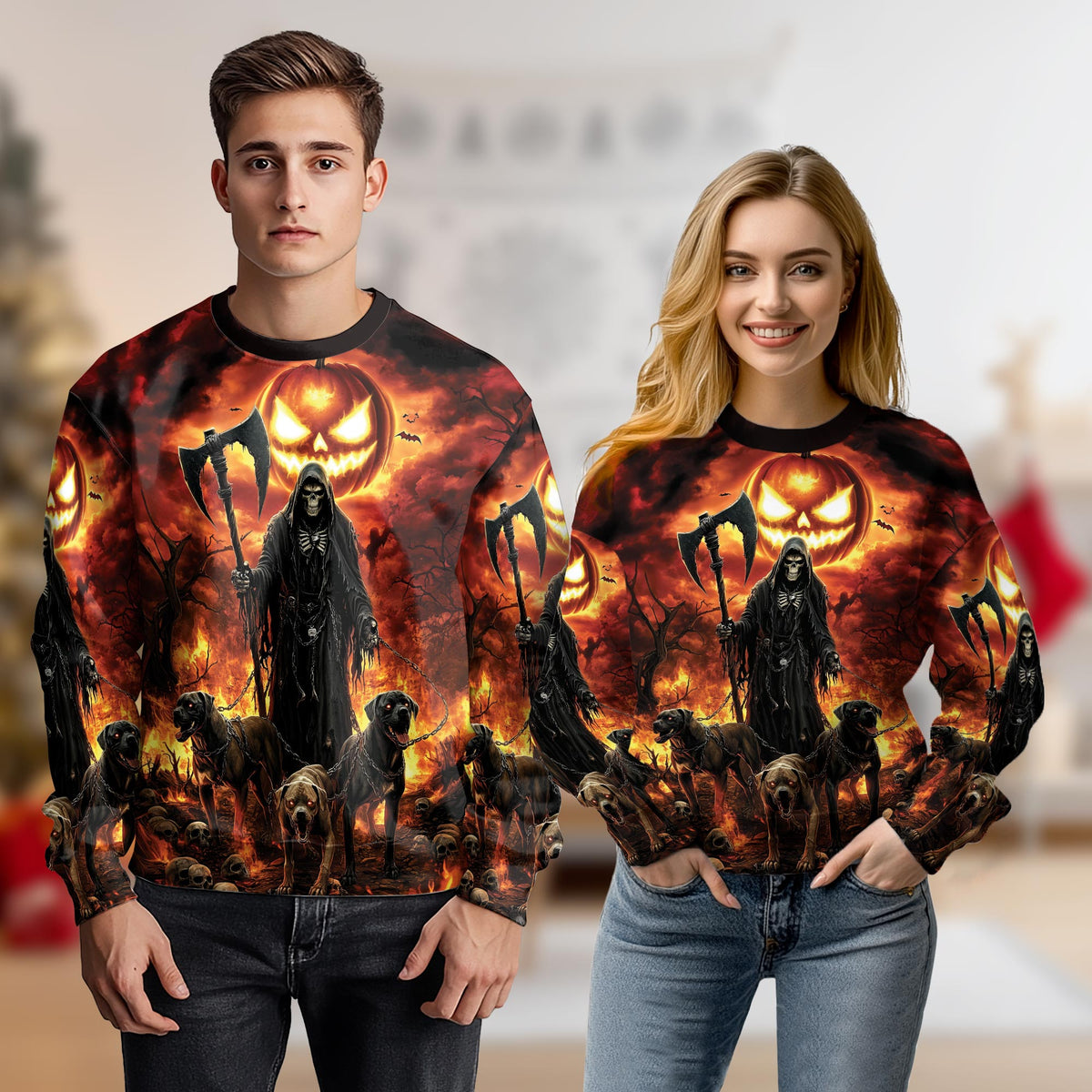 Halloween Grim Reaper Pumpkin Sweatshirt – Colorful Graphic 3D All Over Print Design