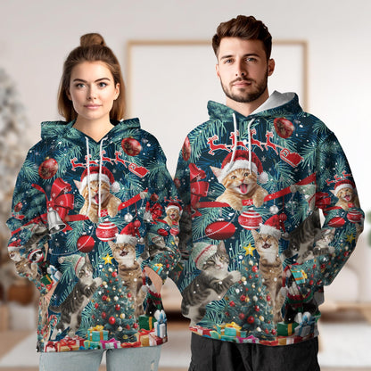 Christmas Cat All Over Print Hoodie, Funny Kitten Santa Graphic Design