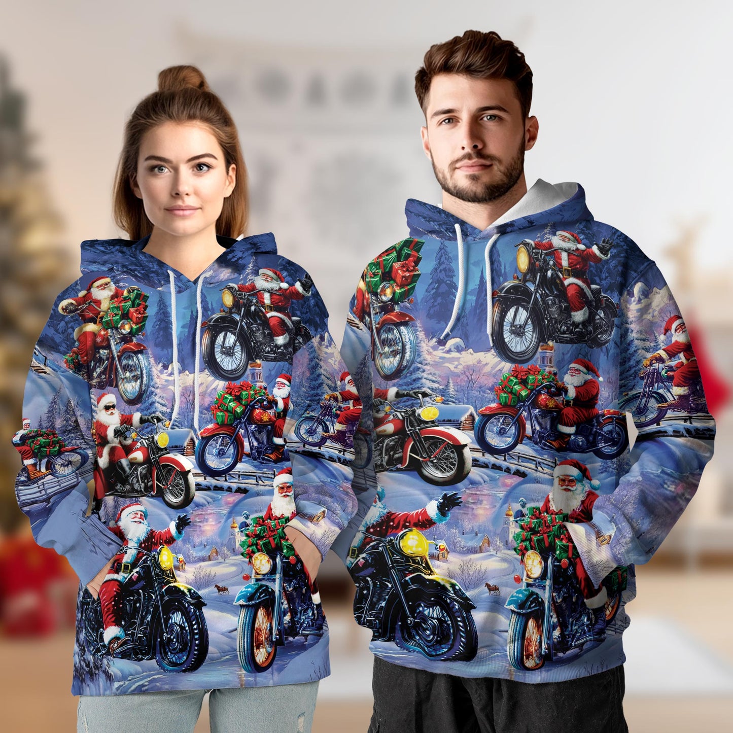 Santa Claus Riding Motorcycle All Over Print Hoodie, Funny Biker Graphic Design