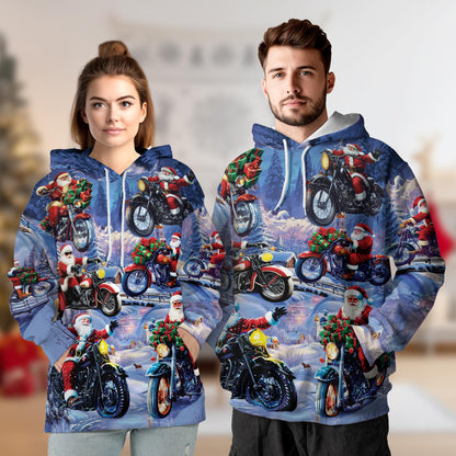 Santa Claus Riding Motorcycle All Over Print Hoodie, Funny Biker Graphic Design