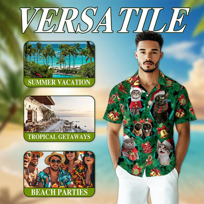 Christmas Cats Hawaiian Shirt for Men, Button Down Aloha Shirt - Azhawaiian