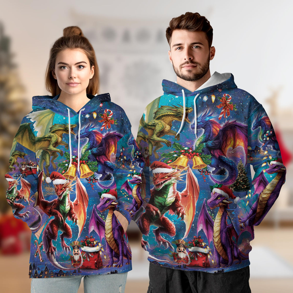 Christmas Dragon All Over Print Hoodie, Fantasy Fire Dragon Graphic Design