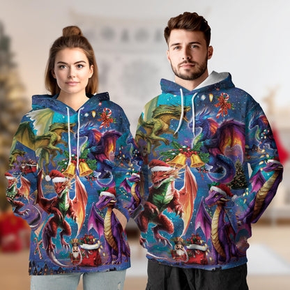 Christmas Dragon All Over Print Hoodie, Fantasy Fire Dragon Graphic Design