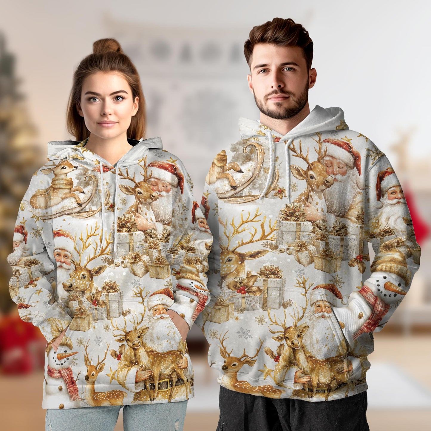 Golden Santa Claus and Reindeer Christmas All Over Print Hoodie, Graphic Design