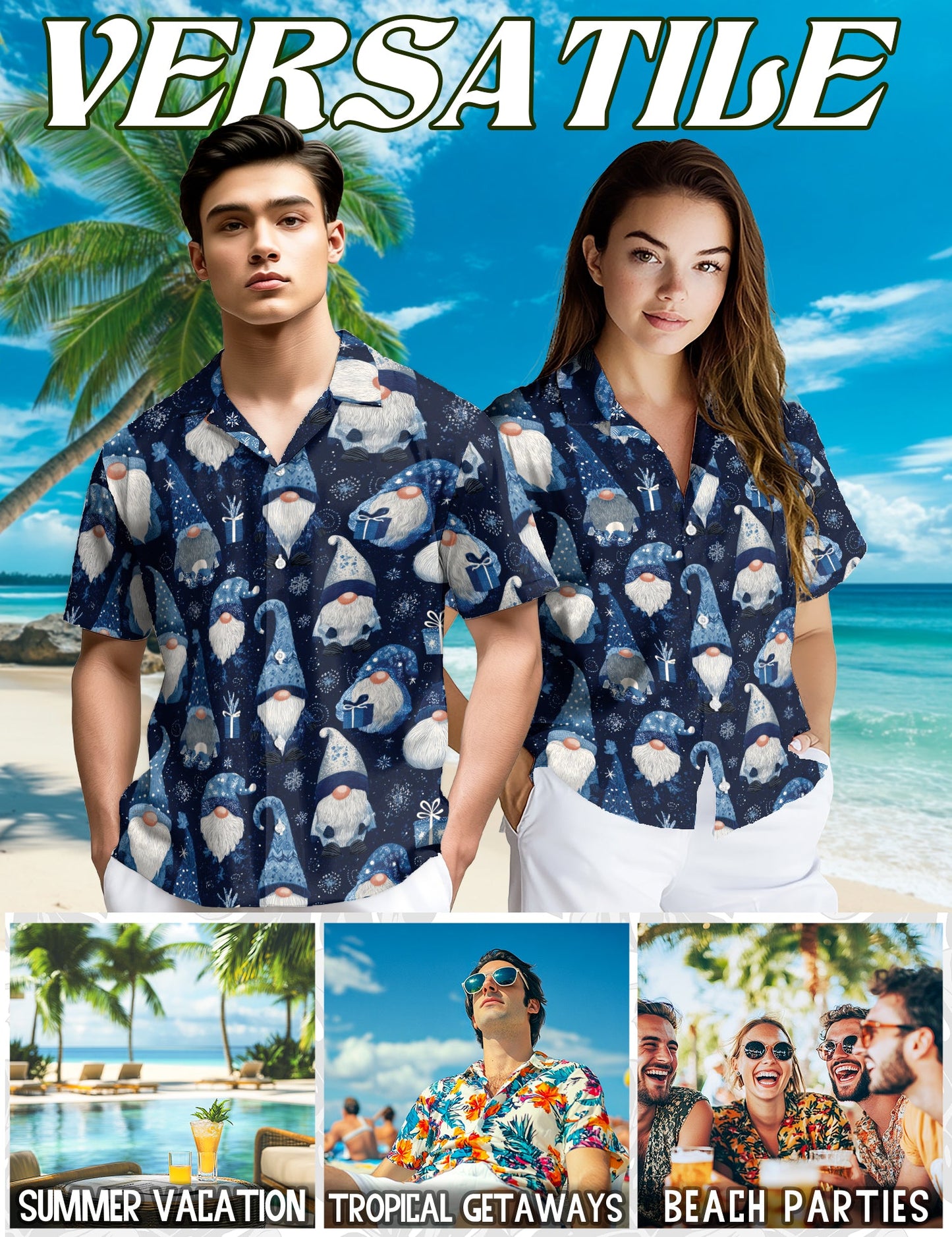 Blue Snow Gnomes Pattern Hawaiian Shirt for Men, Button Down Aloha Shirt - Azhawaiian