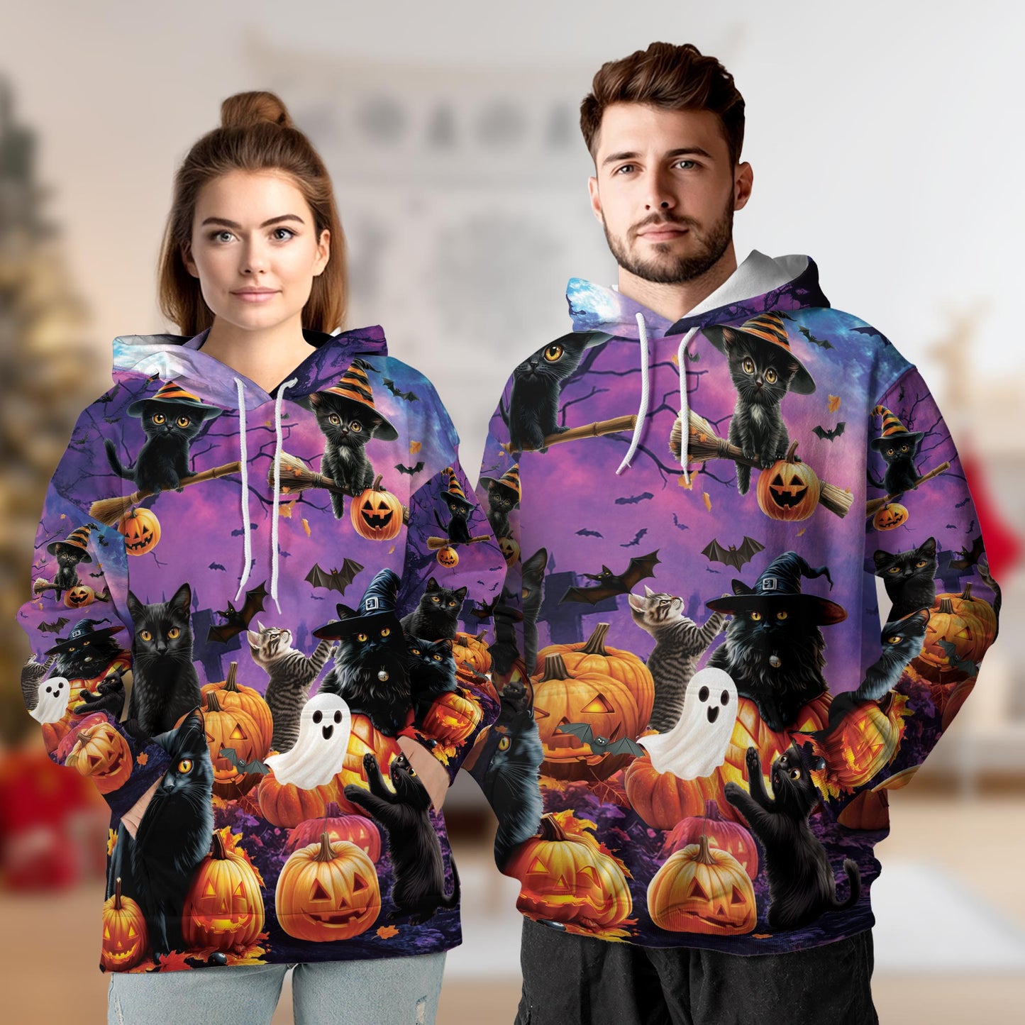 Black Cat Pumpkin Halloween All Over Print Hoodie, Graphic Design Animal Ghost